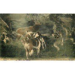 carte postale ancienne 77 FONTAINEBLEAU. Chasse à Courre. Cerf tenant tête aux Chiens 1908. Chasse carte toilée