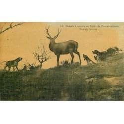 carte postale ancienne 77 FONTAINEBLEAU. Chasse à Courre. Hallali courant. Carte toilée Chiens et Cerf