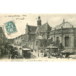 carte postale ancienne 77 FONTAINEBLEAU. Grande Rue Eglise 1904