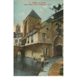 carte postale ancienne K. 77 MORET-SUR-LOING. Jeune Pêcheur Porte de Bourgogne et Lavandières