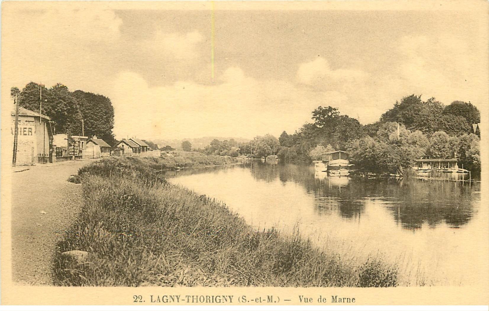carte postale ancienne K. 77 LAGNY-THORIGNY. Maison Péniche sur la Marne et Lavoirs
