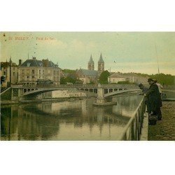 carte postale ancienne K. 77 MELUN. Pêcheurs à la ligne et Pont de Fer. Carte de qualité vers 1910