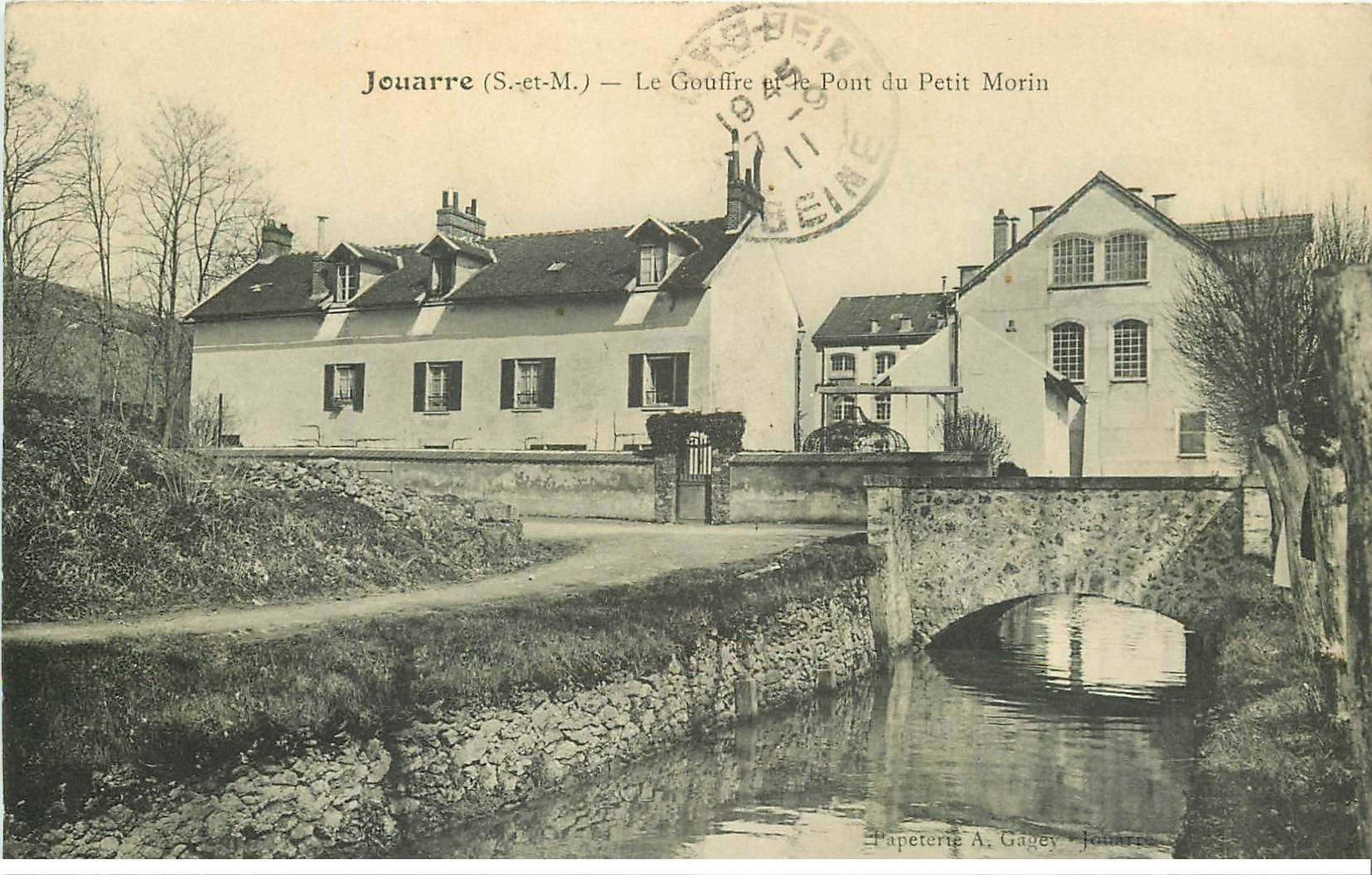 carte postale ancienne K. 77 JOUARRE. Gouffre et Pont du Petit Morin 1911