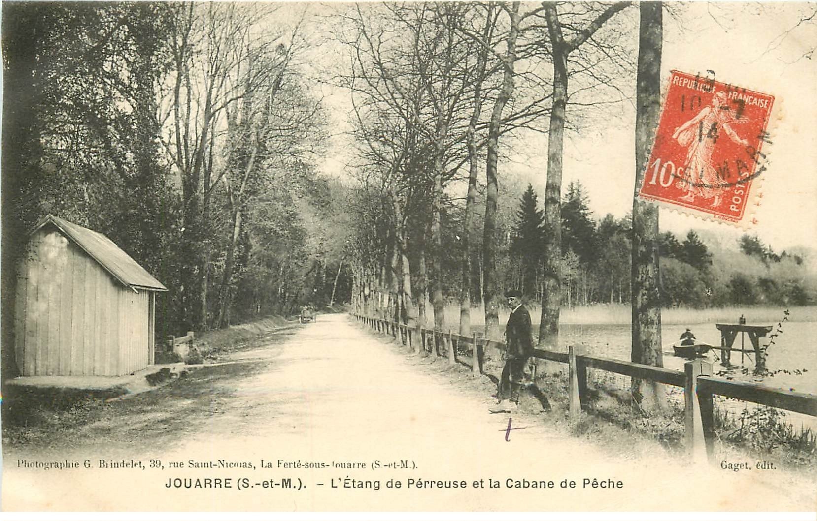 carte postale ancienne K. 77 JOUARRE. Etang de Perreuse et Cabane de Pêche 1914