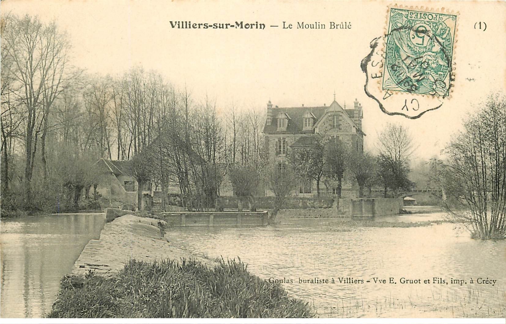 carte postale ancienne K. 77 VILLIERS-SUR-MORIN. Le Moulin Brûlé 1907