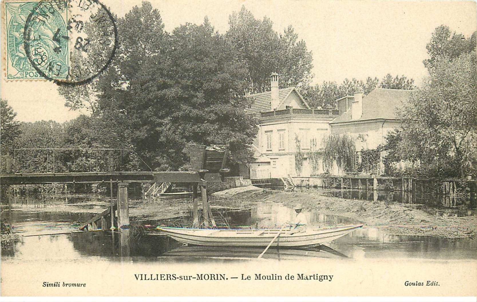 carte postale ancienne K. 77 VILLIERS-SUR-MORIN. Le Moulin de Martigny avec Rameur en barque 1908