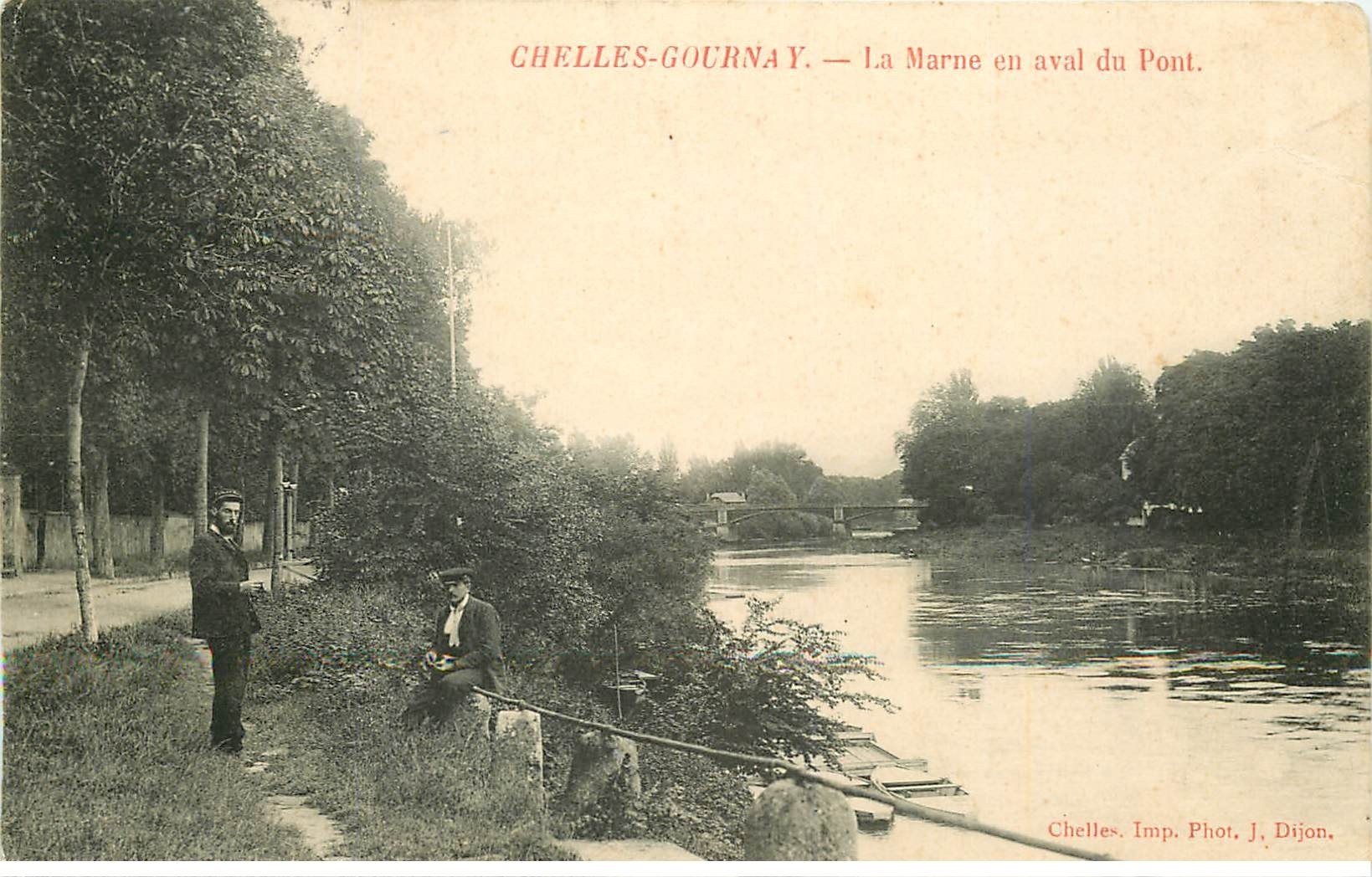 carte postale ancienne K. 77 CHELLES GOURNAY. La Marne en aval du Pont 1908