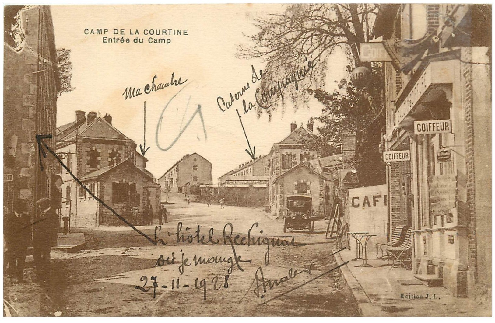 23 CAMP DE LA COURTINE. Coiffeur et Hôtel Rechignac 1928. Voiture ancienne