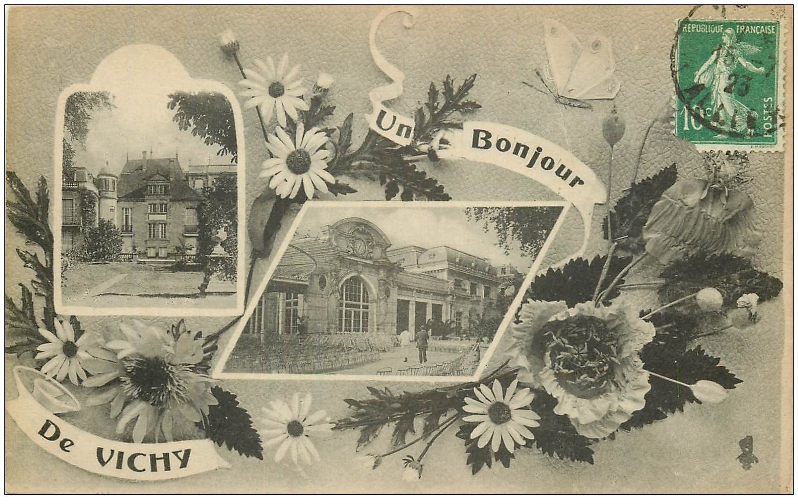 carte postale ancienne 03 VICHY. 1923 un Bonjour Multivues