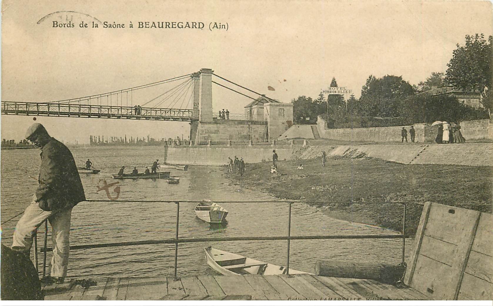 carte postale ancienne 01 Beauregard. Bords de la Saône 1907. Hôtel Perrayon Blie
