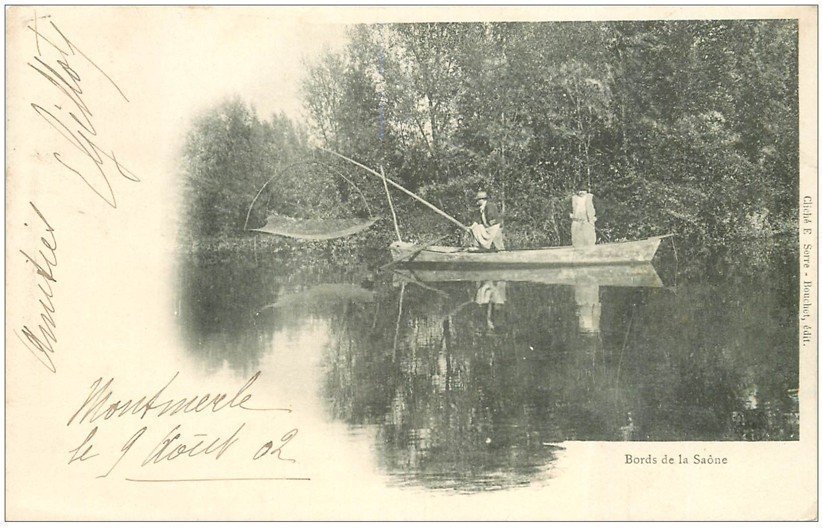 carte postale ancienne 01 MONTMERLE. Pêcheurs au Carrelet sur la Saône. Rare Carte Pionnière 1902. Métiers de la Mer et Rivières