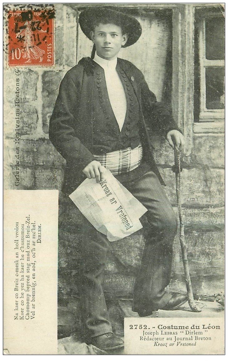 carte postale ancienne 29 LE LEON. Dirlem Rédacteur du Journal Kroaz ar Vretoned 1908