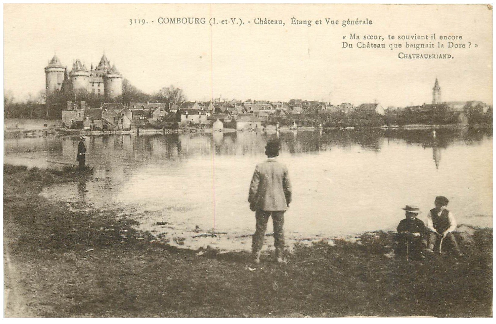 carte postale ancienne 35 COMBOURG. Château Etang et Pêcheur