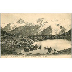 carte postale ancienne 05 LA GRAVE. Lac Léris et Massif de la Meije. Troupeau de Vaches