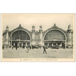 carte postale ancienne 37 TOURS. La Gare et Taxix anciens