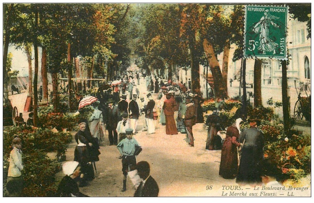 carte postale ancienne 37 TOURS. Le Marché aux Fleurs 1912 Boulevard Béranger