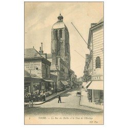 carte postale ancienne 37 TOURS. Rue des Halles Tour Horloge
