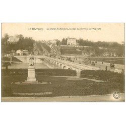 carte postale ancienne 37 TOURS. Statue Rabelais Pont de Pierre et Tranchée