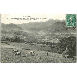 carte postale ancienne 65 BAGNERES-DE-BIGORRE. Vallée Campan. Monné Montaigu 1909. Paysanne et Vaches