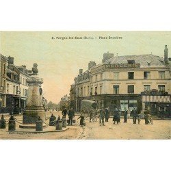 76 FORGES-LES-EAUX. Mercerie Place Brevière et Café de Dieppe. Rare carte toilée