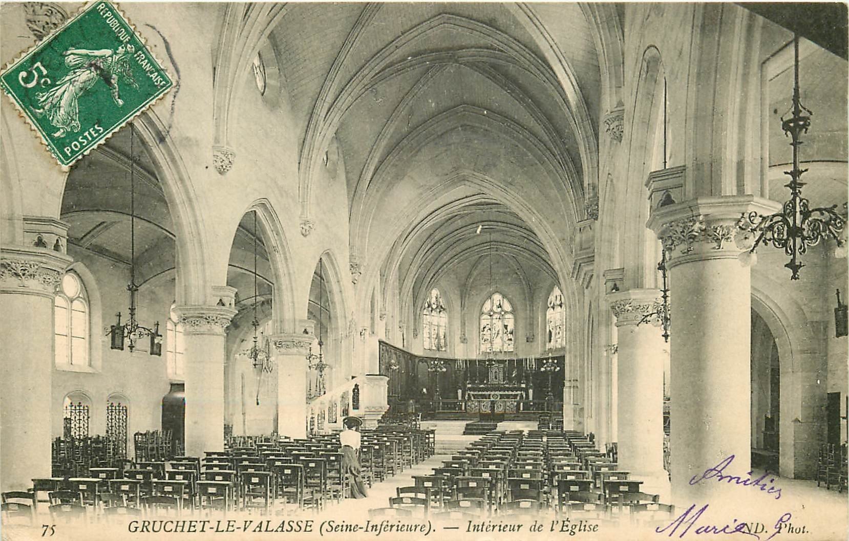 carte postale ancienne 76 GRUCHET-LE-VALASSE. Intérieur Eglise 1908