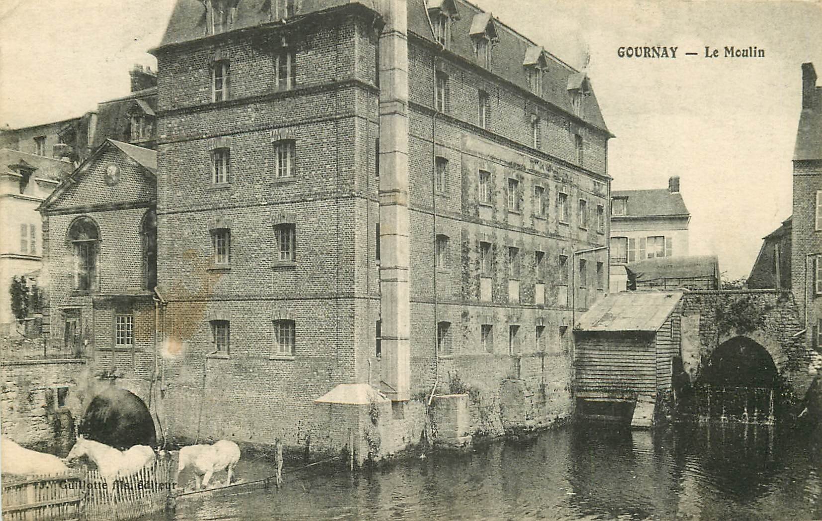 carte postale ancienne 76 GOURNAY-EN-BRAY. Le Moulin avec Chevaux 1916