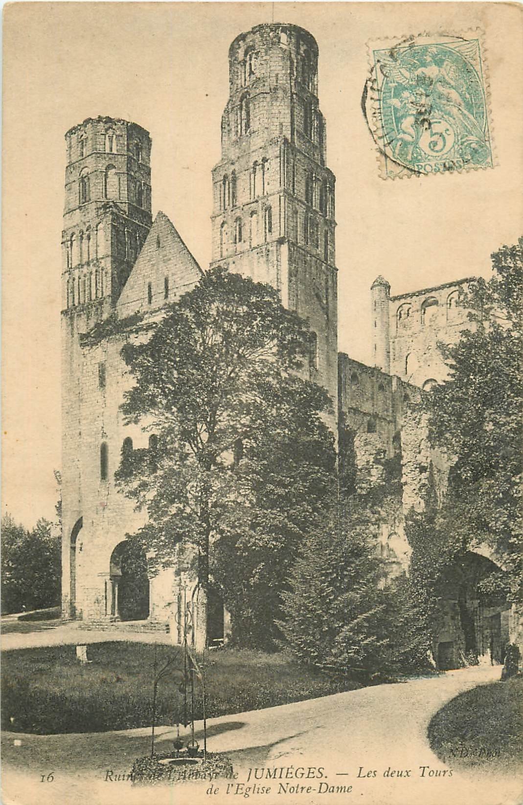 carte postale ancienne 76 JUMIEGES. Eglise Notre-Dame Deux Tours 1906