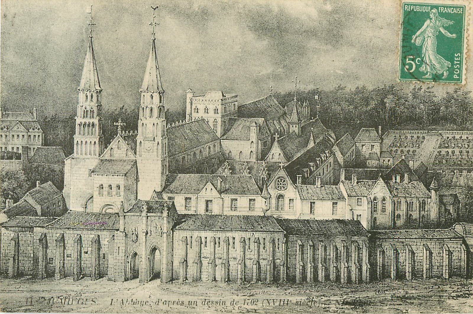 carte postale ancienne 76 JUMIEGES. Abbaye dessin de 1702. Là 1911