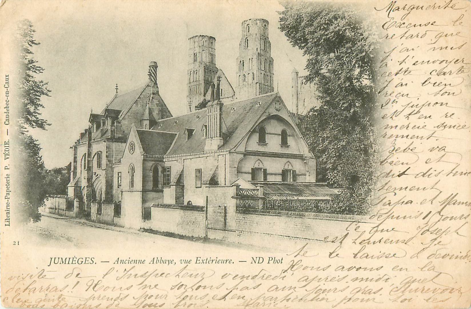 carte postale ancienne 76 JUMIEGES. Abbaye 1903. Pour La Remuée