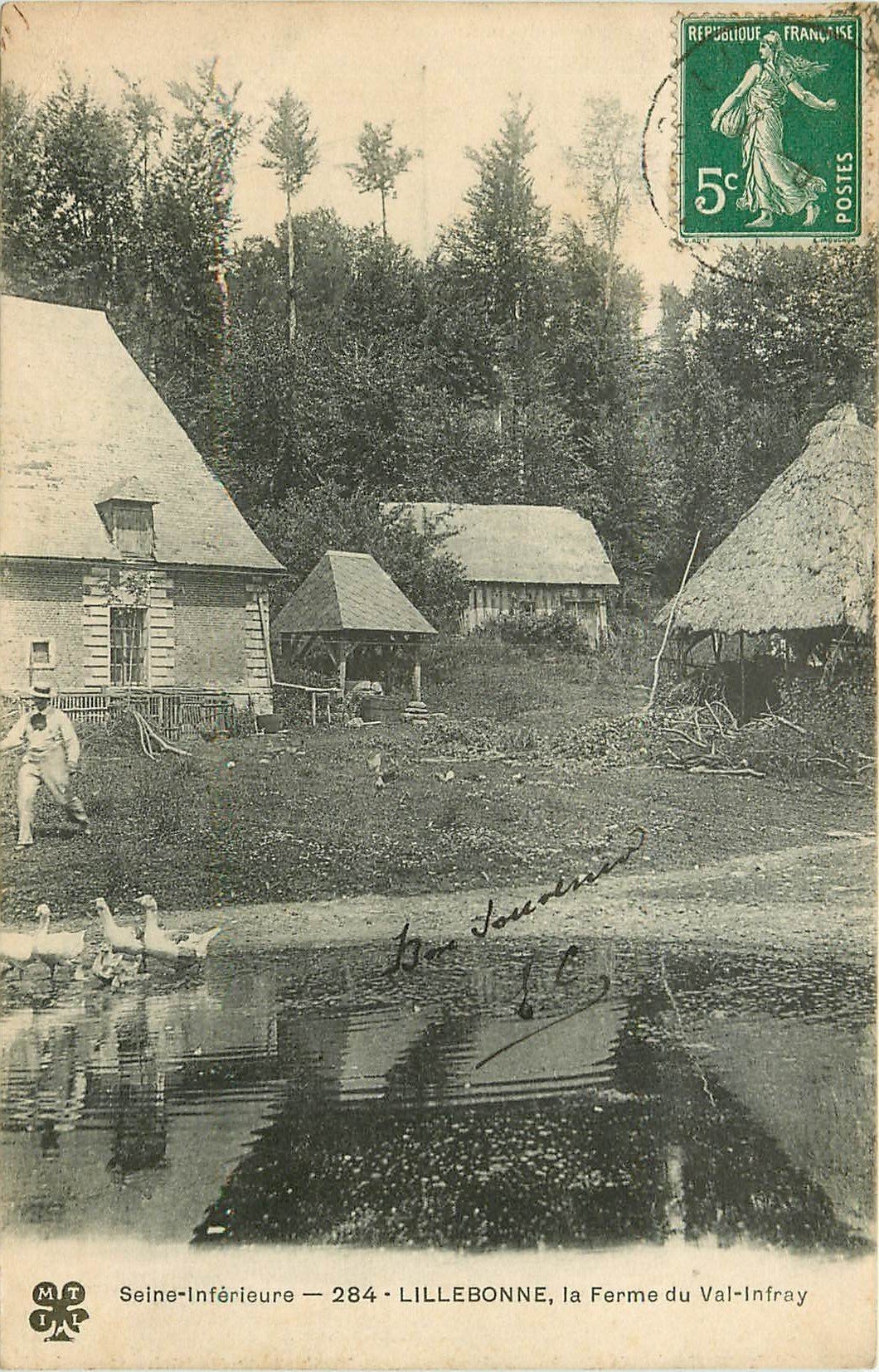 carte postale ancienne 76 LILLEBONNE. La Ferme du Val-Infray 1911 animation