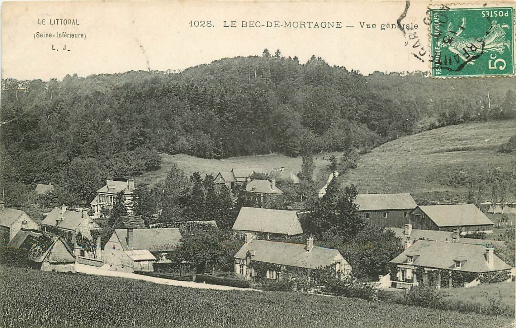 carte postale ancienne 76 LE BEC-DE-MORTAGNE. Vue générale 1909 carte déliassée...rien de méchant.