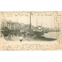 carte postale ancienne 76 DIEPPE. La Gare Maritime. Paquebot et Locomotive 1903