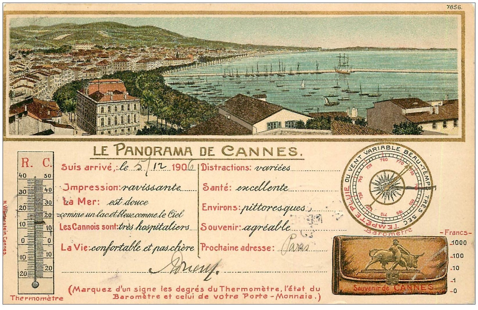 06 CANNES. Rare carte gaufrée 1906. Thermomètre et Baromètre