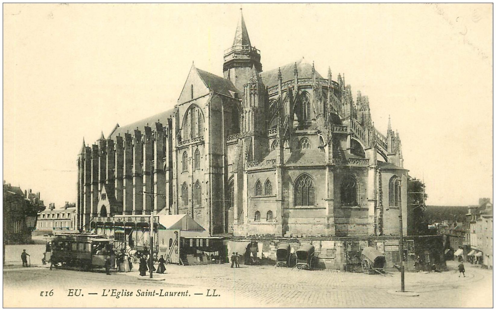 carte postale ancienne 76 EU. Eglise Saint-Laurent Tramway