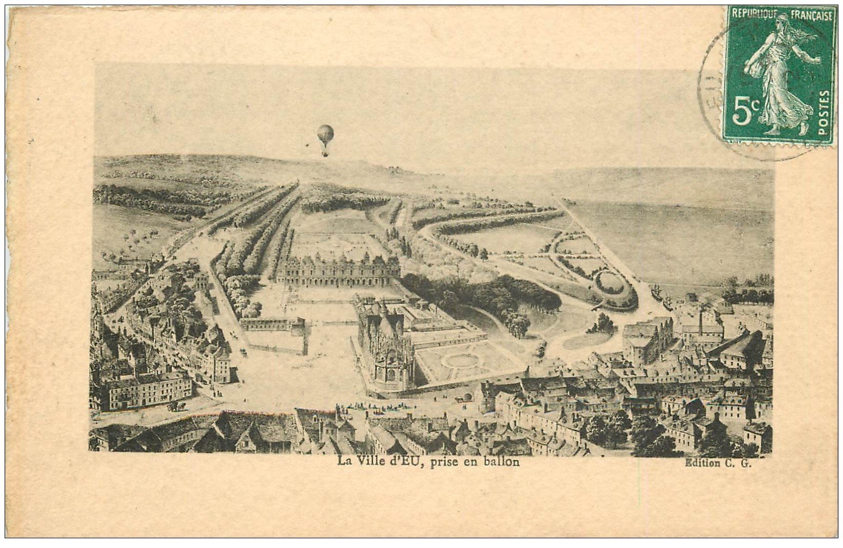 carte postale ancienne 76 EU. Vue prise en Ballon 1912. Papier velin découpe à la ficelle