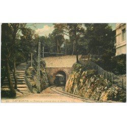 carte postale ancienne 06 CAP MARTIN. Tramway rentrant dans le Tunnel (rapée et trou punaise verso droit)...