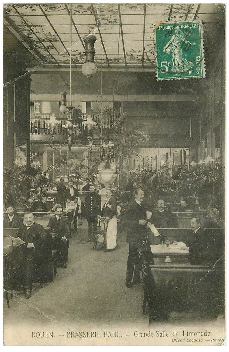 carte postale ancienne 76 ROUEN. Brasserie Paul Salle de Limonade 1907 (défauts)
