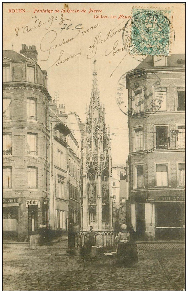 carte postale ancienne 76 ROUEN. Fontaine Croix de Pierre 1903 Boulangerie et Café