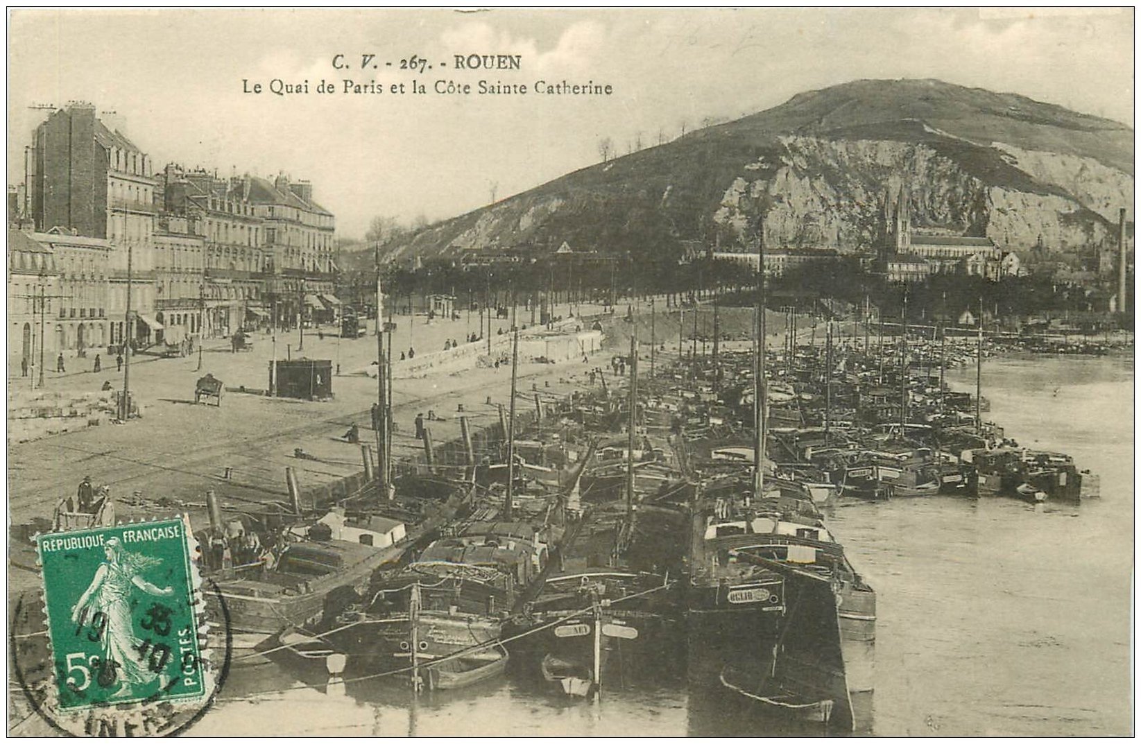 carte postale ancienne 76 ROUEN. Quai de Paris 1914 Péniches