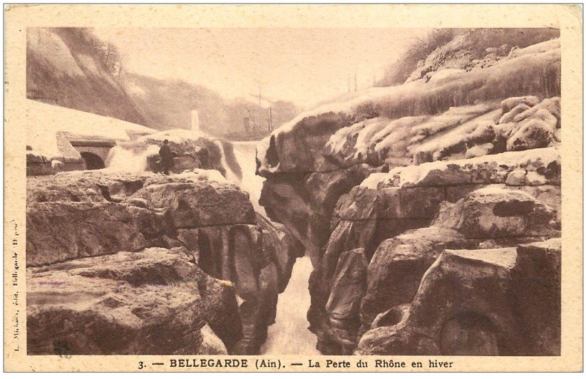 carte postale ancienne 01 Bellegarde. La Perte du Rhône en hiver vers 1930