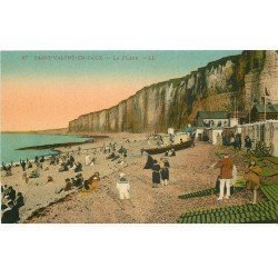 carte postale ancienne 76 SAINT-VALERY-EN-CAUX. La Plage 1922 colorisée