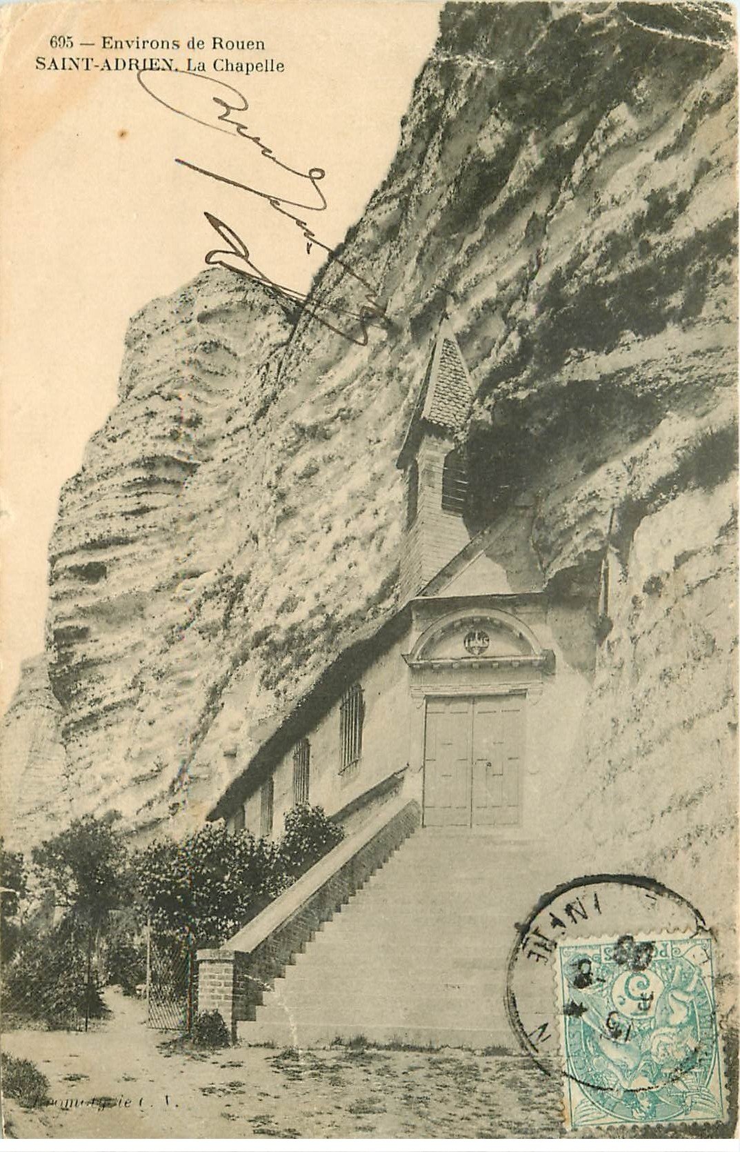 carte postale ancienne 76 SAINT-ADRIEN. La Chapelle. Pour Berck Plage 1906. Mini plissure coin droit