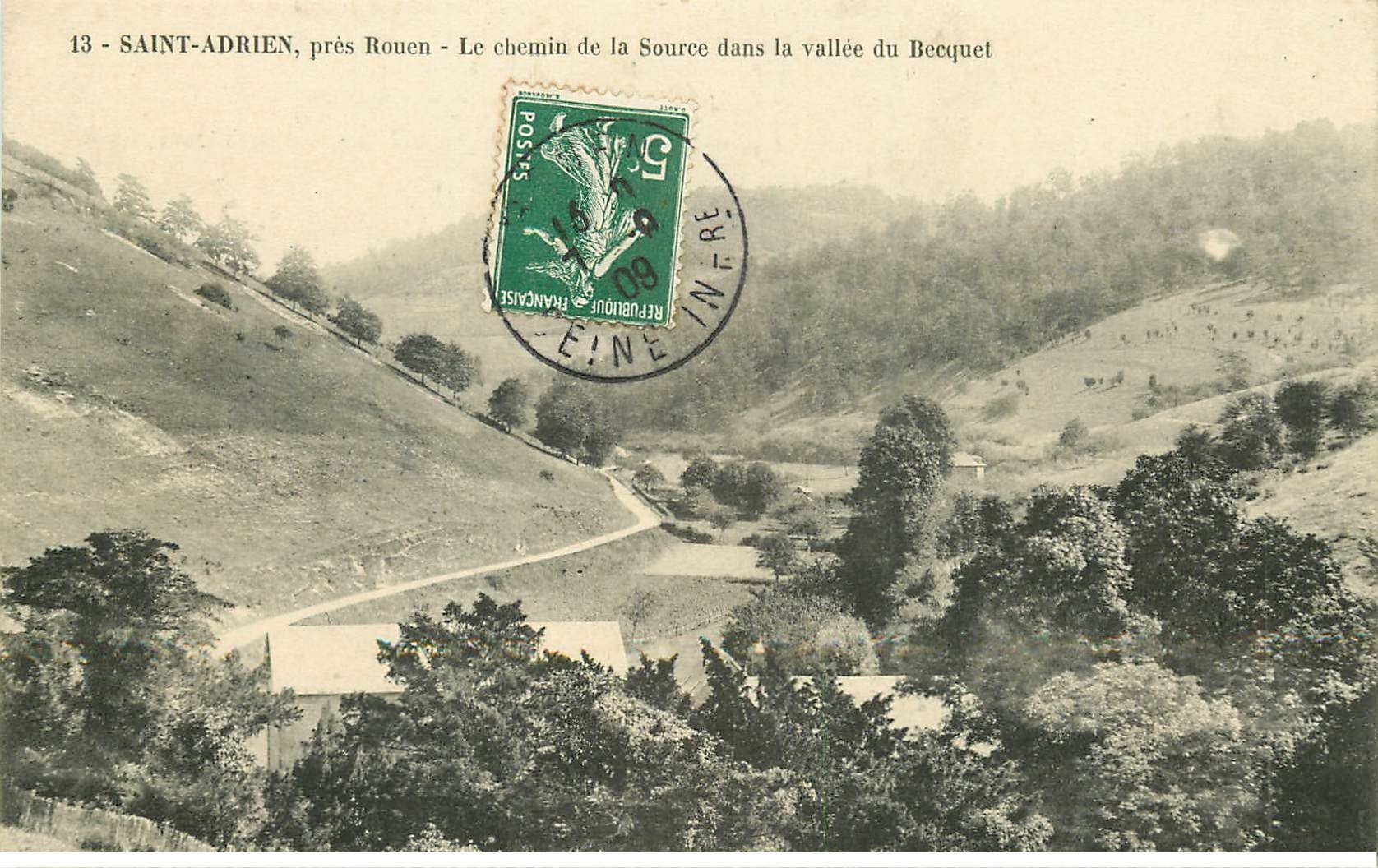 carte postale ancienne 76 SAINT-ADRIEN. Chemin de la Source Vallée Becquet 1909