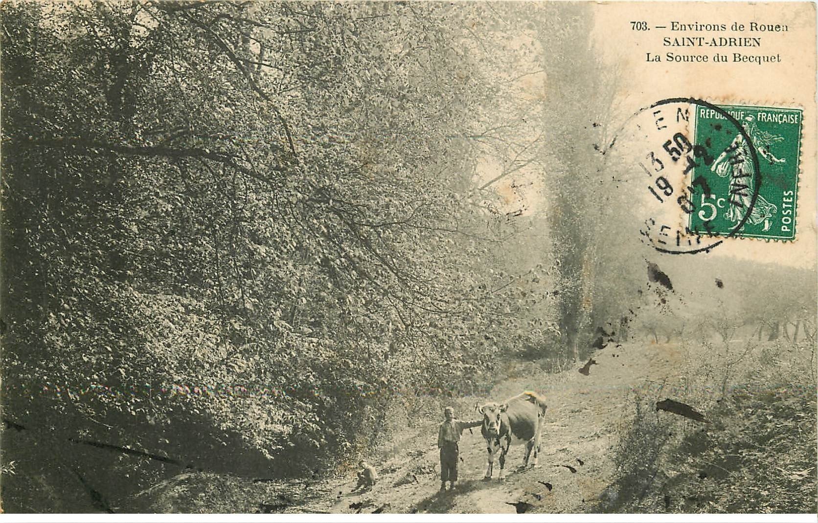 carte postale ancienne 76 SAINT-ADRIEN. Source du Becquet Gamins et Vache 1907