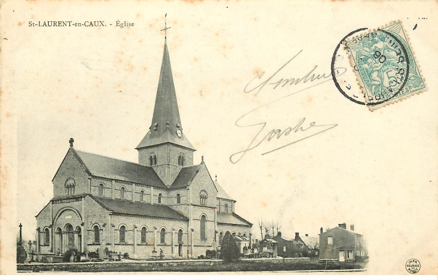 carte postale ancienne 76 SAINT-LAURENT-EN-CAUX. Eglise 1906 et Cimetièrz