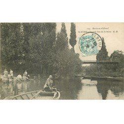 carte postale ancienne 76 SAINT-AUBIN. Lavandières sur Petit bras de la Seine 1906