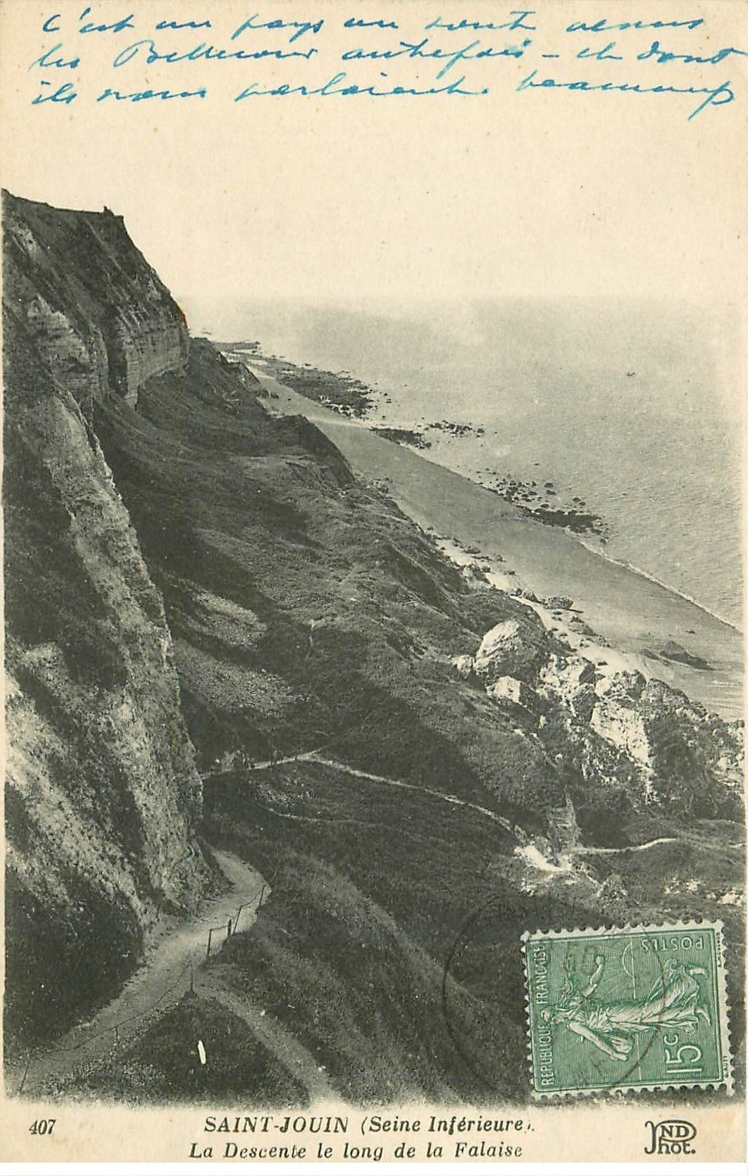 carte postale ancienne 76 SAINT-JOUIN. Descente le long de la Falaise 1919