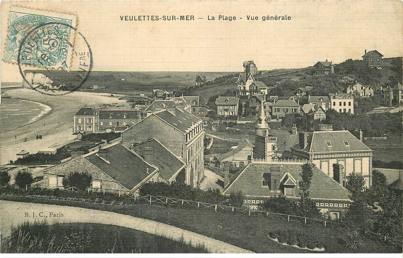 carte postale ancienne 76 VEULETTES. La Plage. Superbe Carte toilée 1907