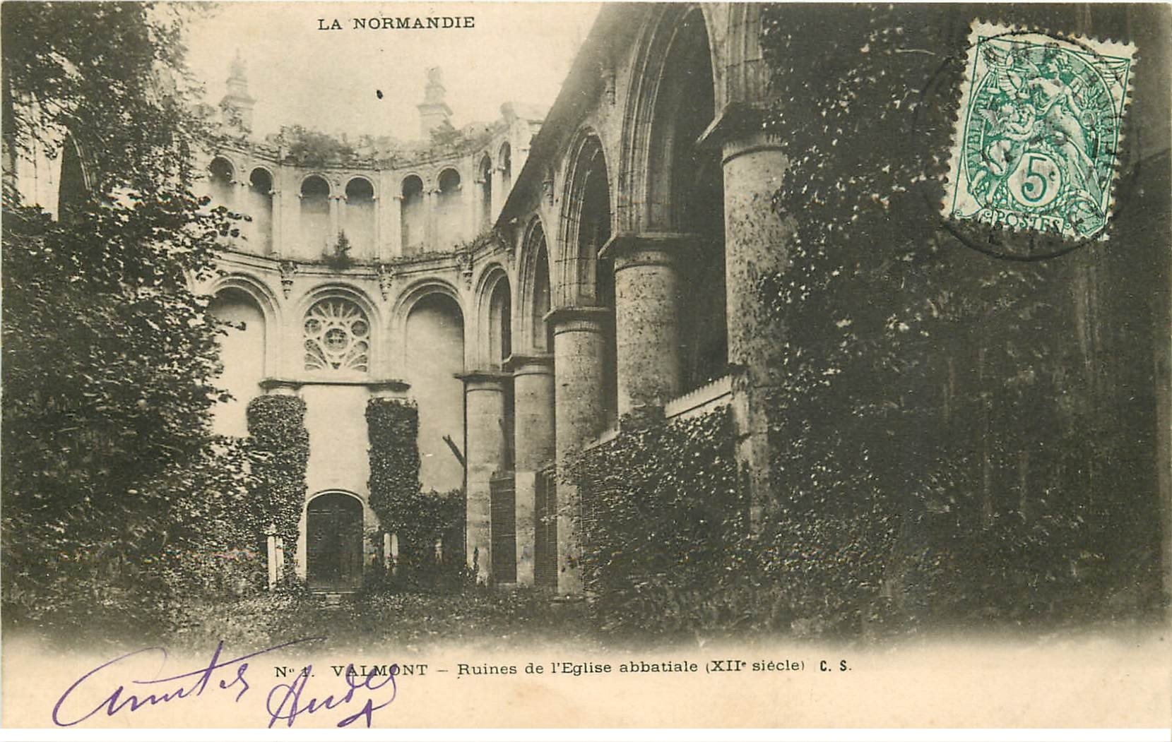 carte postale ancienne 76 VALMONT. Ruines Eglise vers 1903