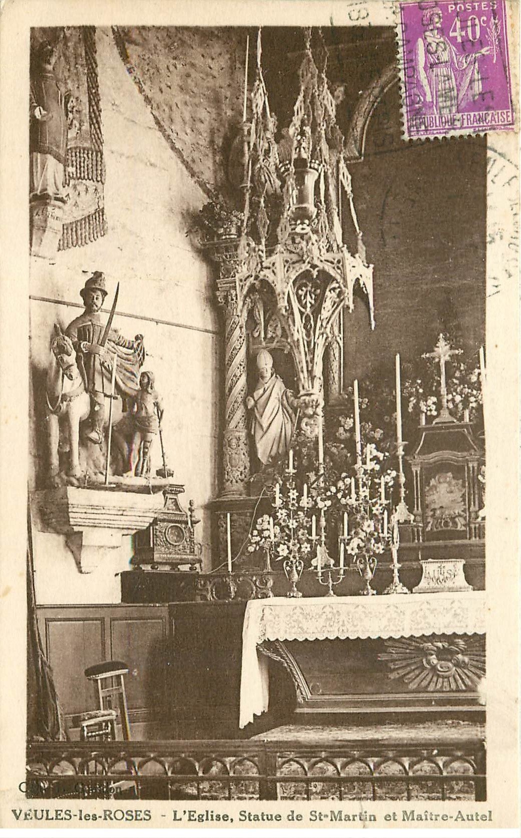 carte postale ancienne 76 VEULES-LES-ROSES. L'Eglise Autel et Statue Saint-Martin 1935